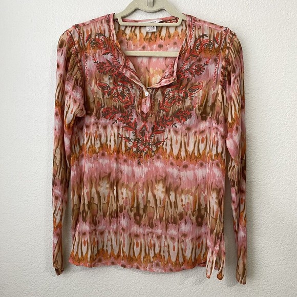 Sundance Womens Blouse Top Size S 100% Silk Tie Dye Boho Embroidered - Picture 1 of 7